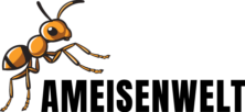 Titel von der Homepage "Ameisenwelt" - kleine orange-schwarze Ameise klettert auf den Text